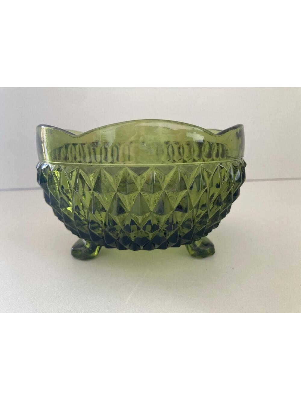 Vintage 1940's USA Indiana Glass Green Diamond 3 Footed Candy Bowl